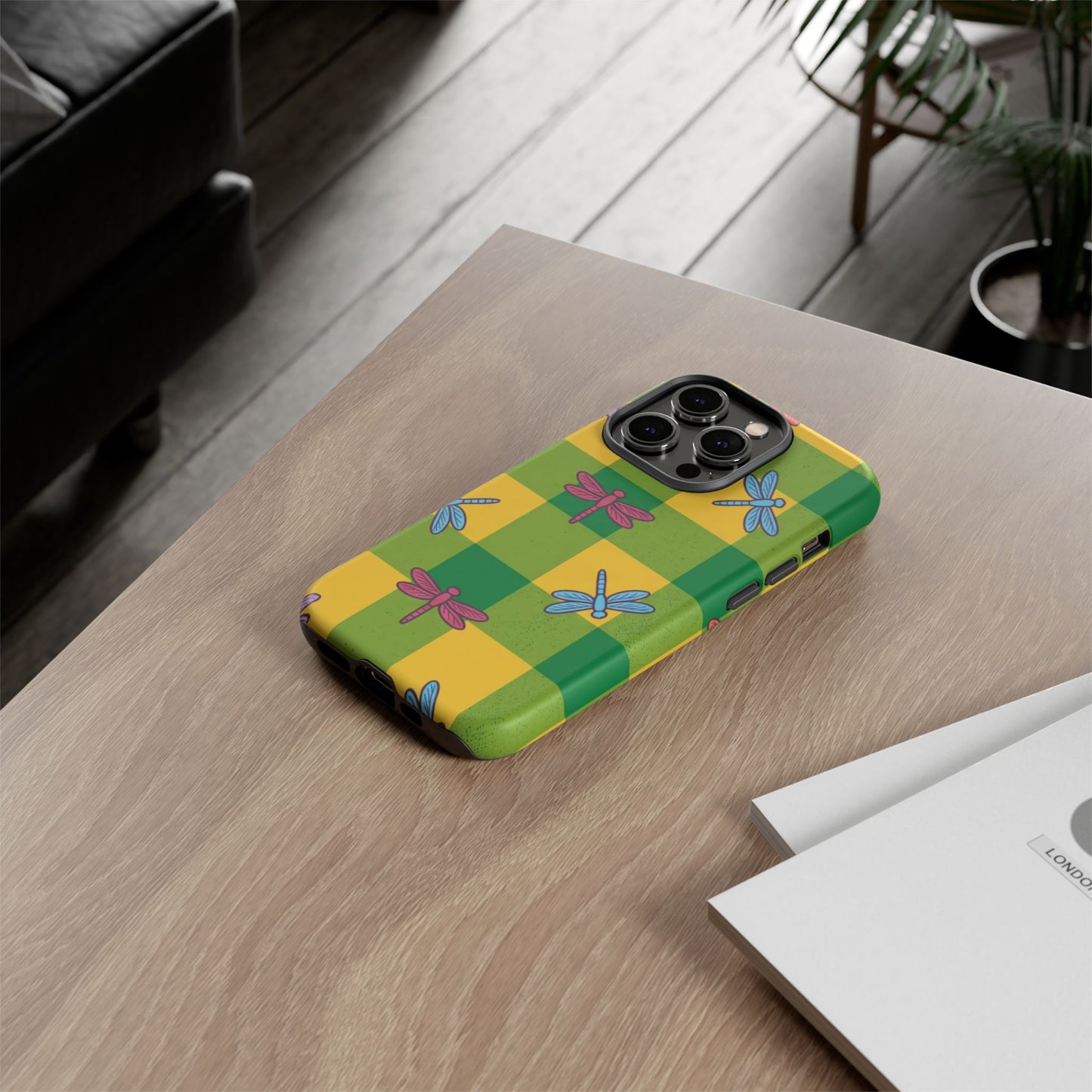 Dragonfly Check Phone Case — Colorful Plaid Protective Tough Case