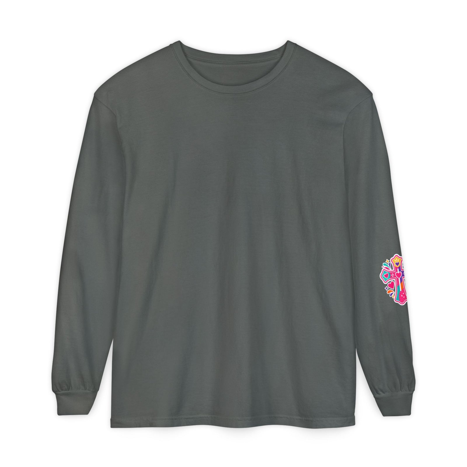 Long Sleeve T-Shirt — “I’m the One on the Front Row at Church With My Hands Raised High” — Colorful Worship Tee