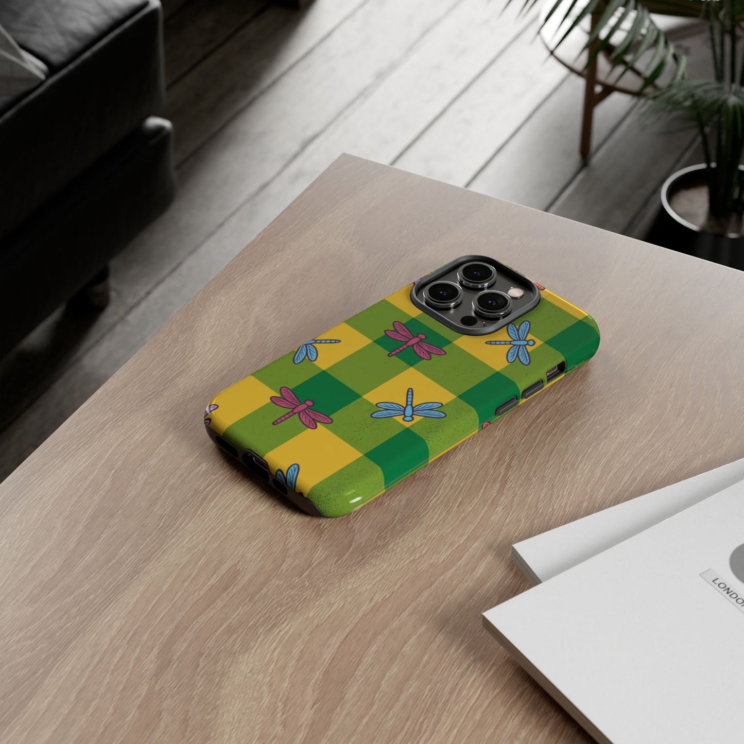Dragonfly Check Phone Case — Colorful Plaid Protective Tough Case