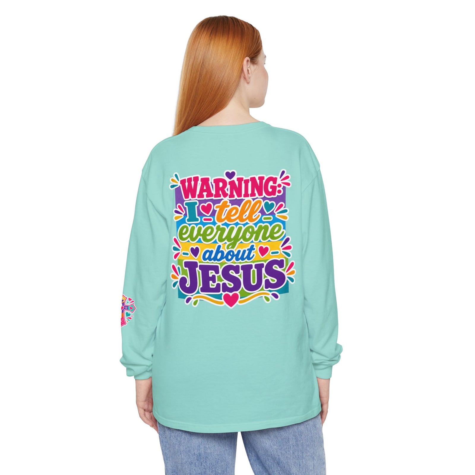 Christian Long Sleeve Tee — "Warning I Tell Everyone About Jesus" Colorful Faith Shirt