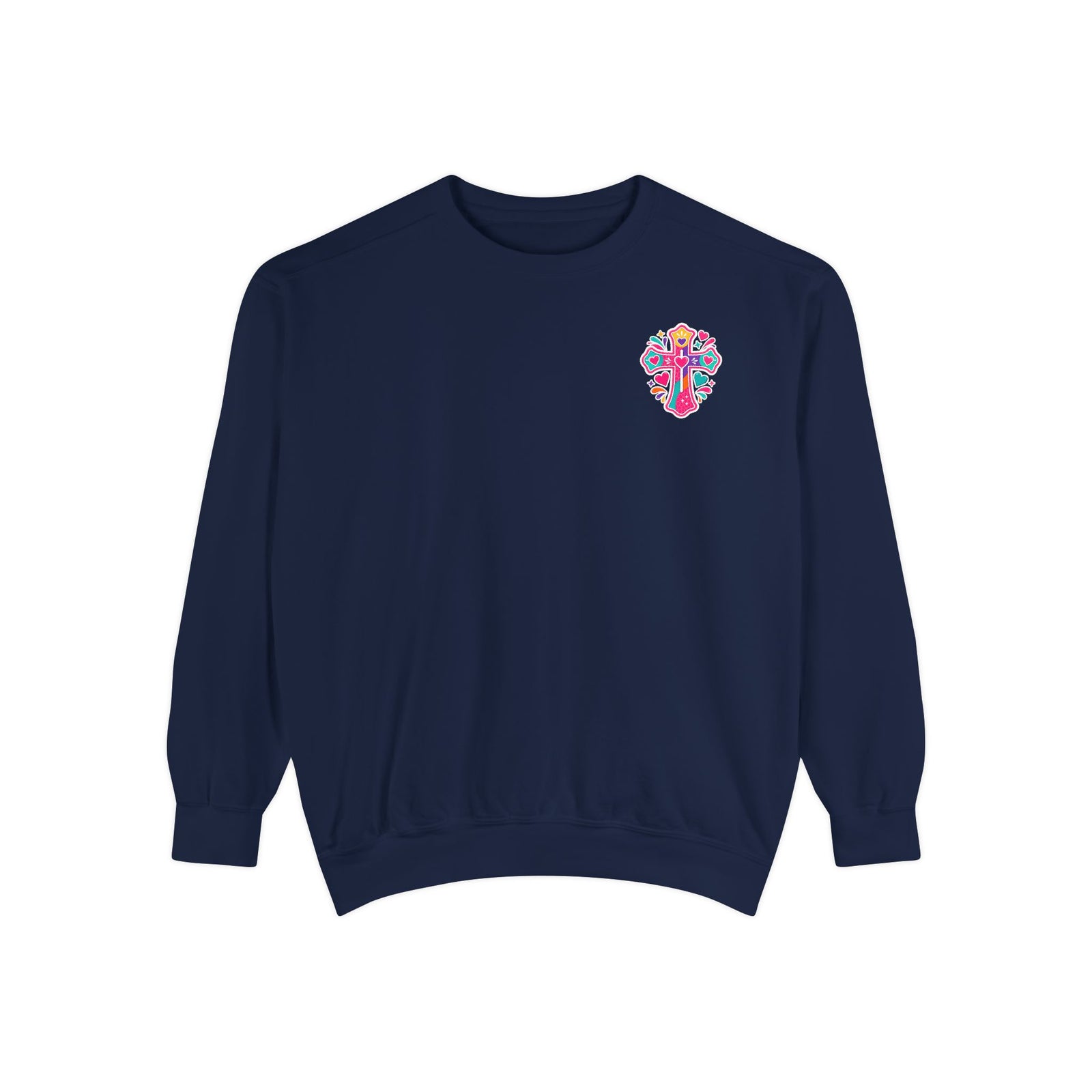 Christian Sweatshirt — “I’m the One on the Front Row at Church” Colorful Hands-Raised Graphic