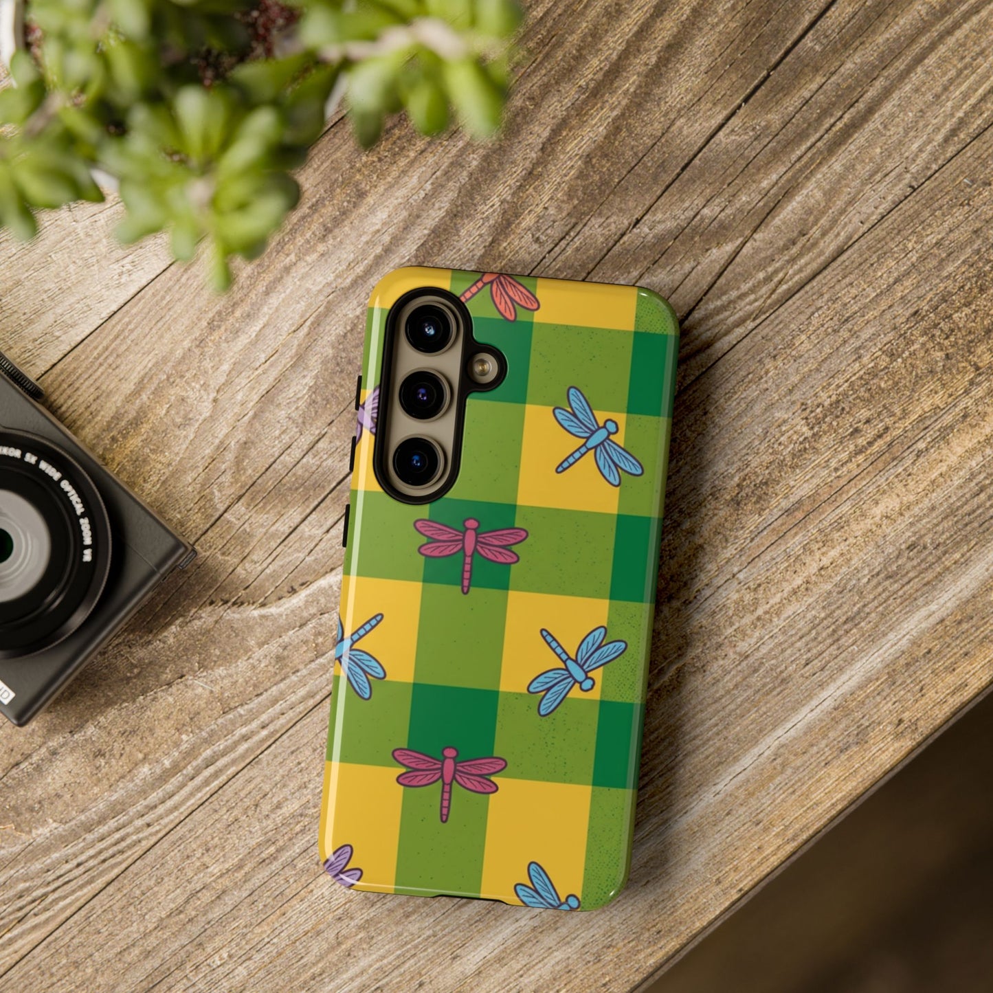 Dragonfly Check Phone Case — Colorful Plaid Protective Tough Case