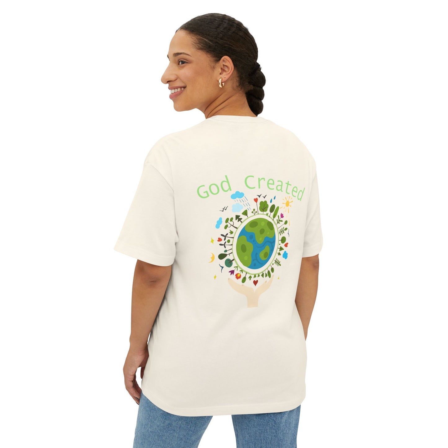 T-Shirt — "God Created" Earth Graphic Tee (Eco, Faith & Nature Love)