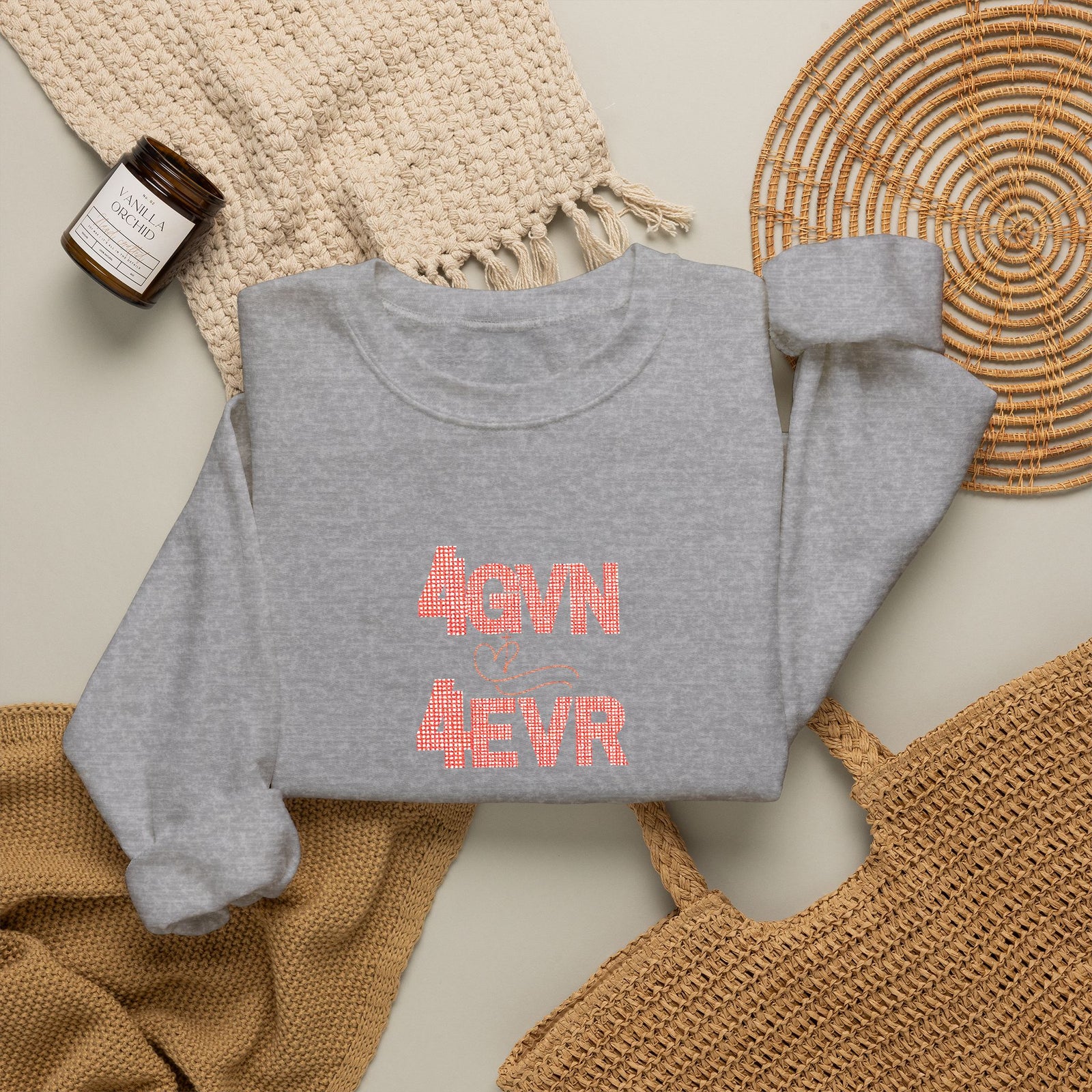 Crewneck Sweatshirt — 'AGAIN NEVER' Floral Text Design, White Cozy Pullover
