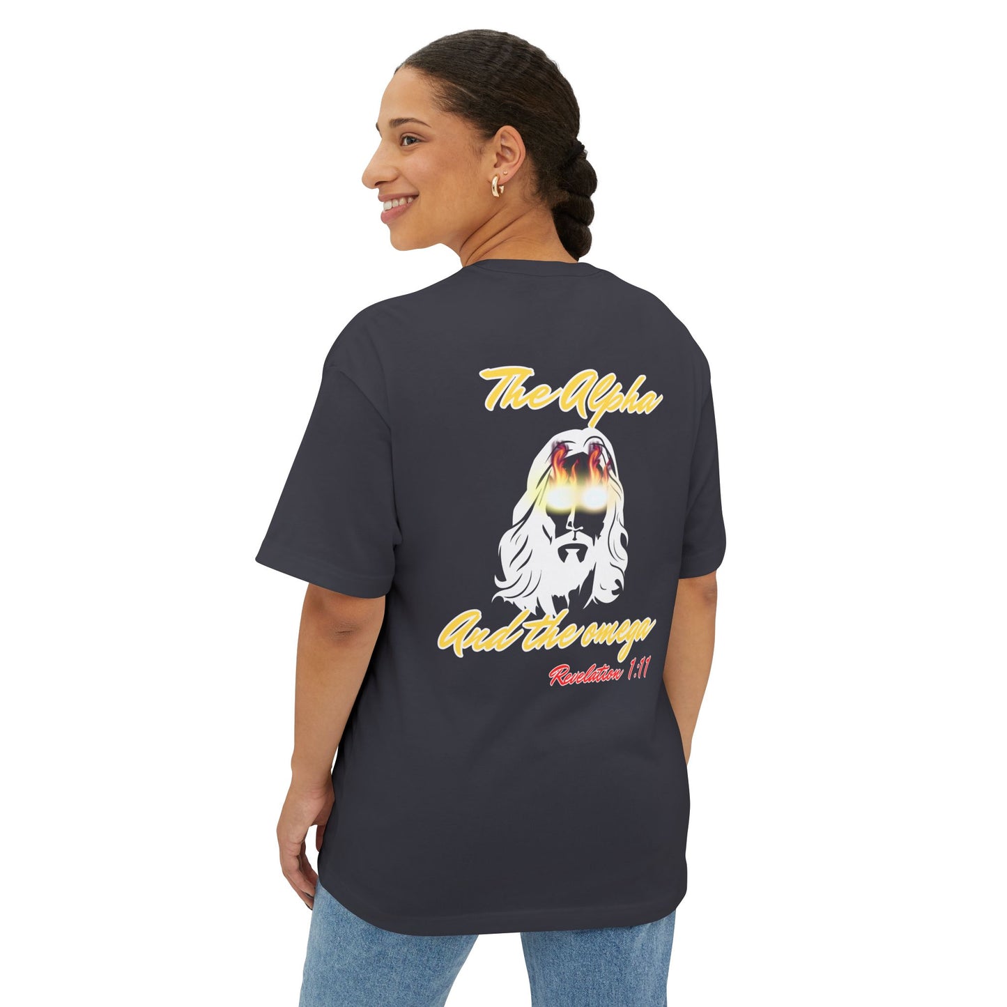 Boxy Tee — "The Alpha and the Omega" Back Graphic Christian T‑Shirt (Revelation 1:11)