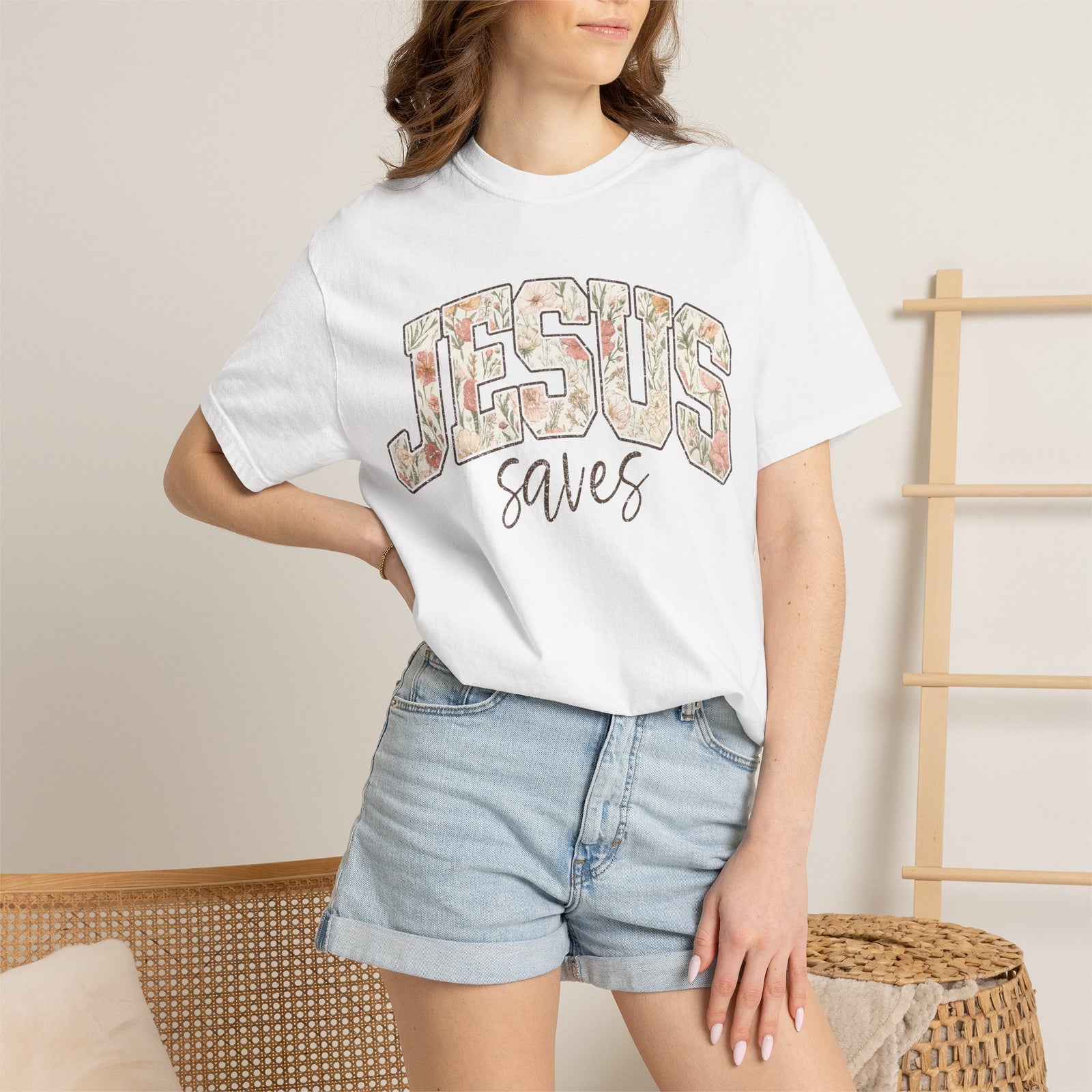 Jesus Saves Floral T-Shirt — Christian Faith Tee for Women & Men