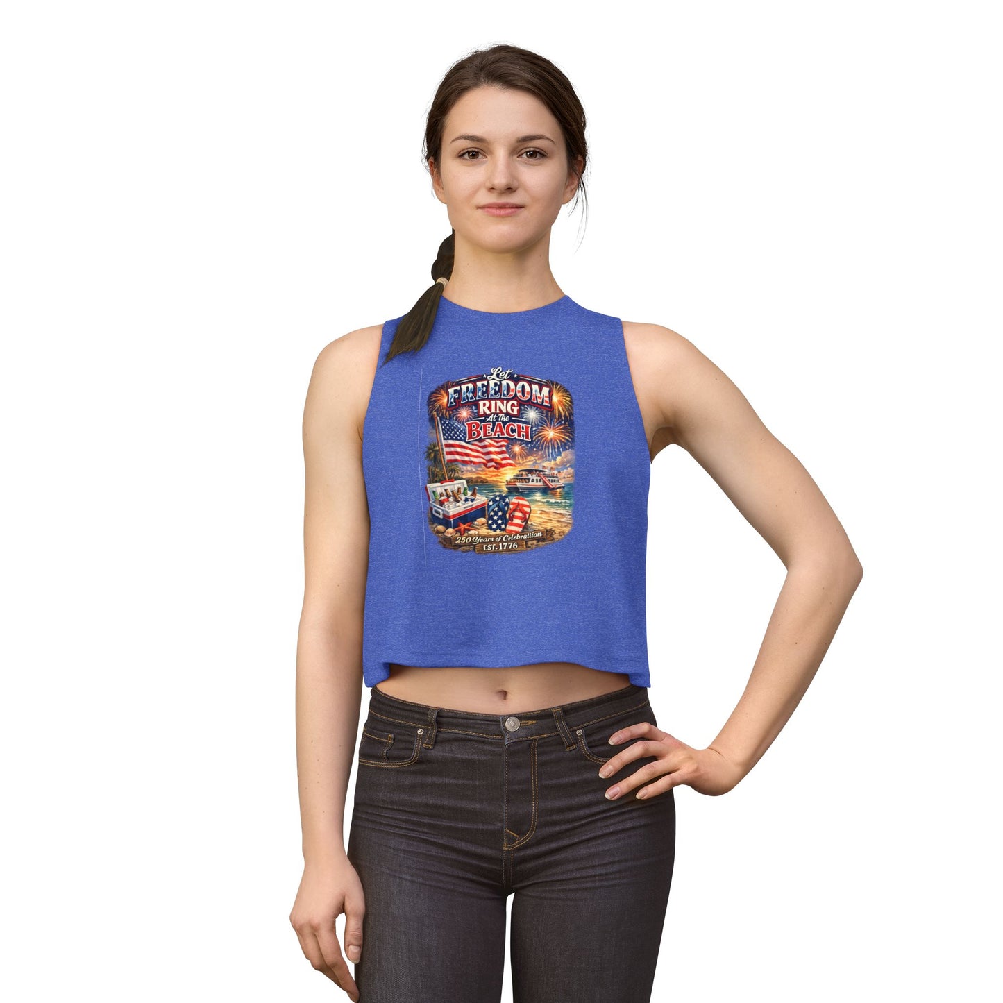 Freedom Pier Beach Graphic Crop Top — Patriotic 4th of July Tank