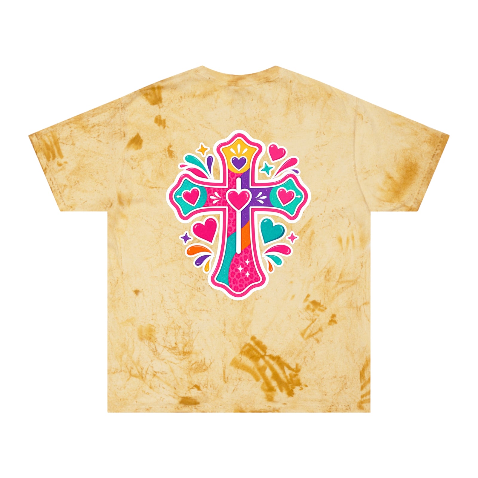 Tie-Dye Cross Tee — Colorful Hearts Graphic T-Shirt