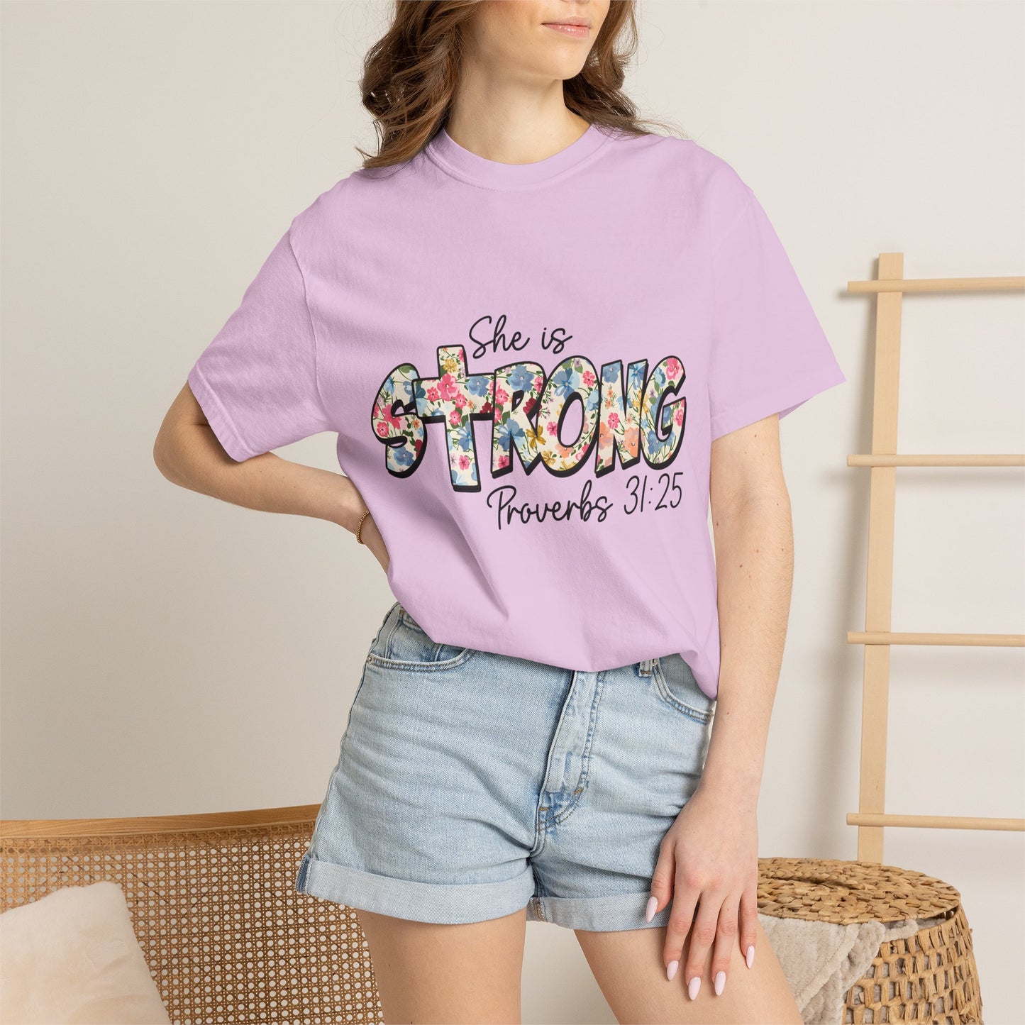 She Is Strong Floral T-Shirt — Proverbs 31:25 Inspirational Tee for Women
