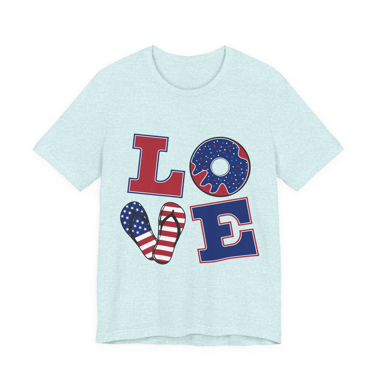 Patriotic LOVE T-Shirt — American Flag Donut & Flip-Flop Fourth of July Tee