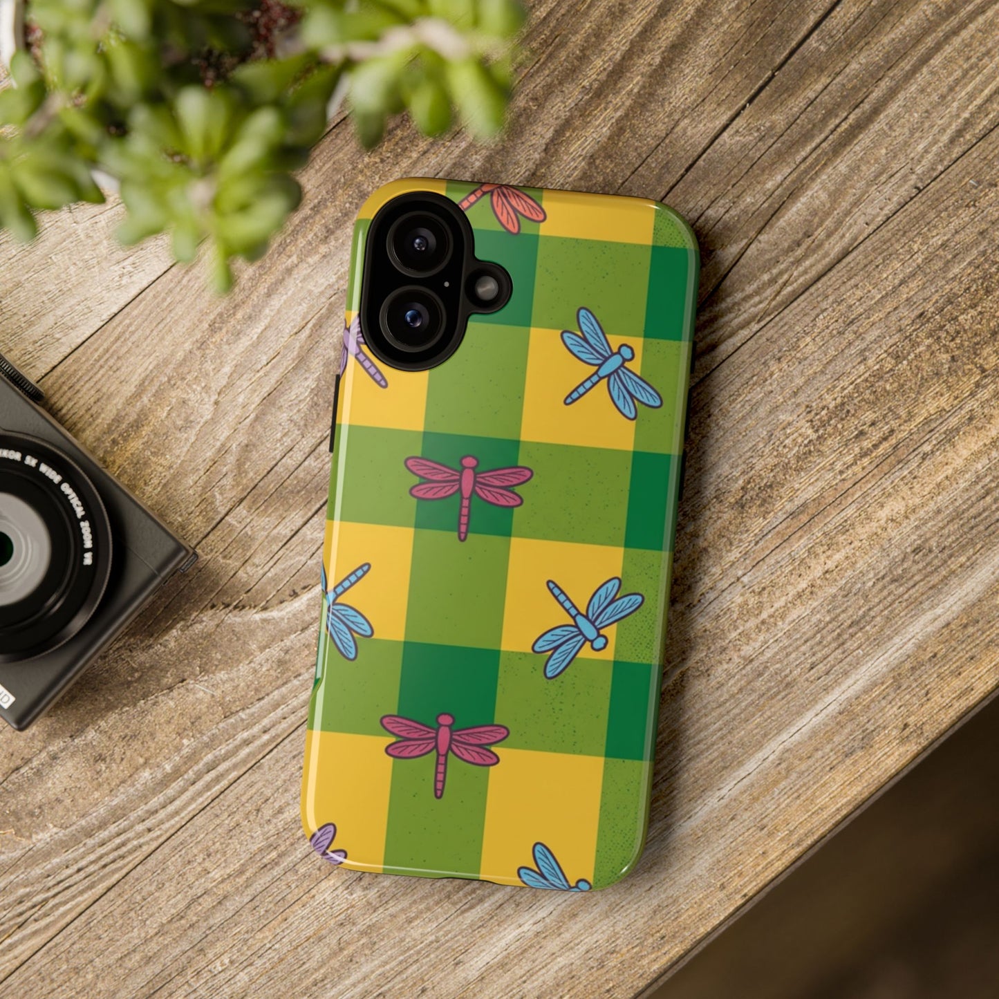 Dragonfly Check Phone Case — Colorful Plaid Protective Tough Case