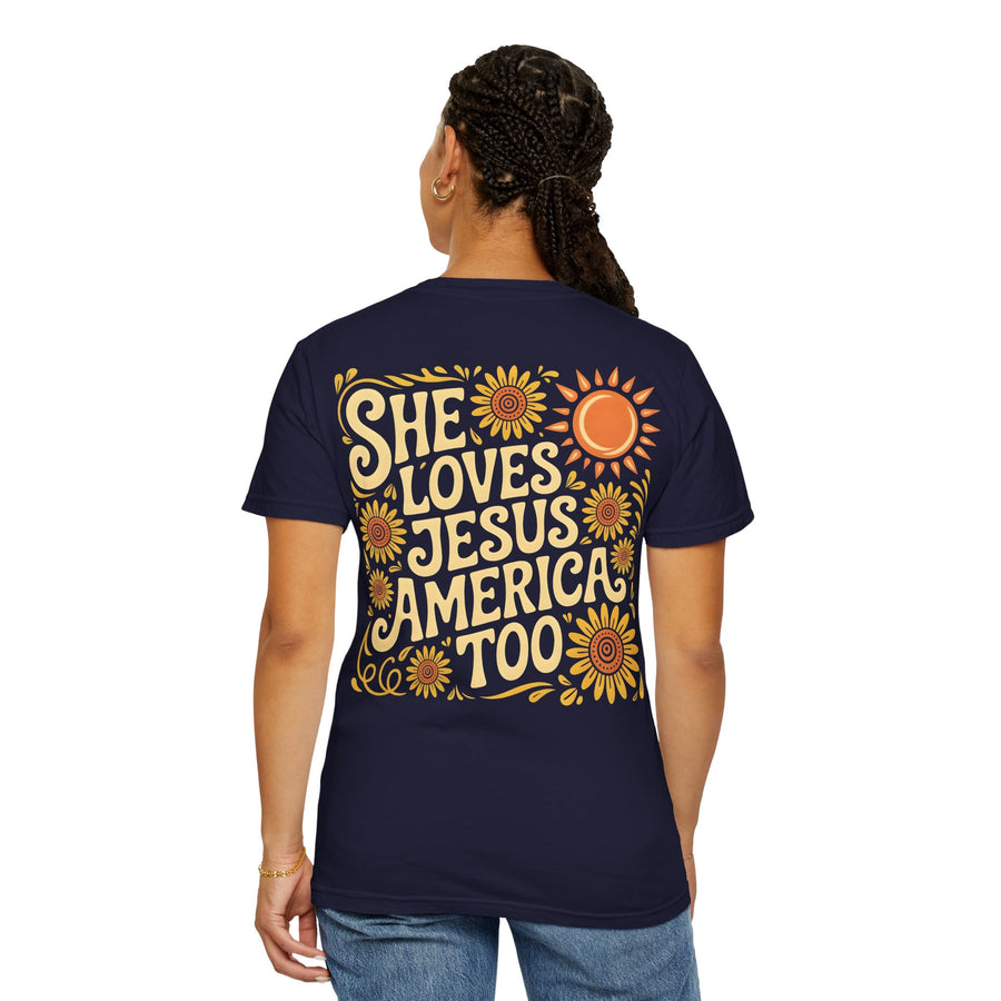 She Loves Jesus America Too T-Shirt — Retro Sunflower Faith Graphic Tee