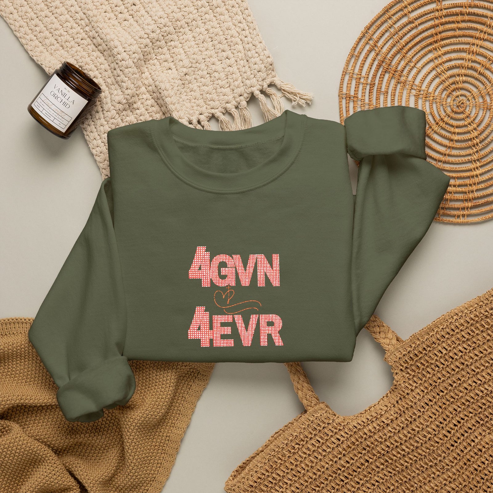 Crewneck Sweatshirt — 'AGAIN NEVER' Floral Text Design, White Cozy Pullover