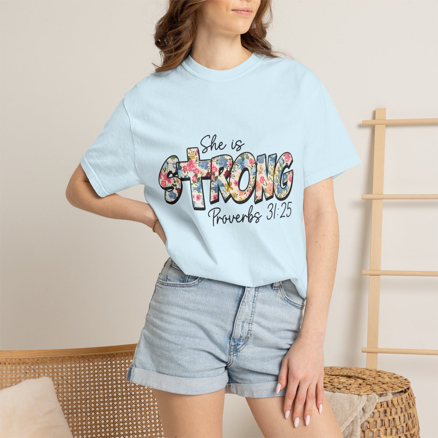 She Is Strong Floral T-Shirt — Proverbs 31:25 Inspirational Tee for Women