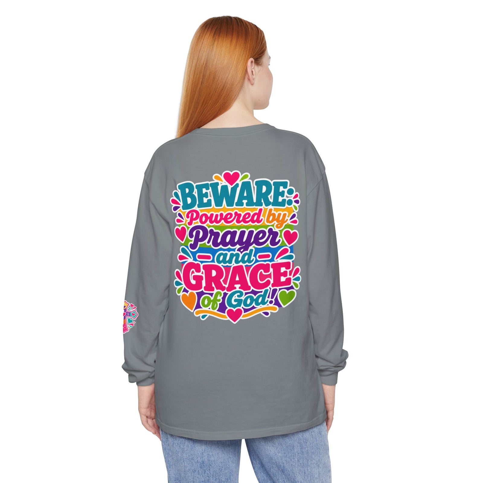 Long Sleeve Tee - "BEWARE Powered by Prayer and Grace of God" Colorful Faith Tee