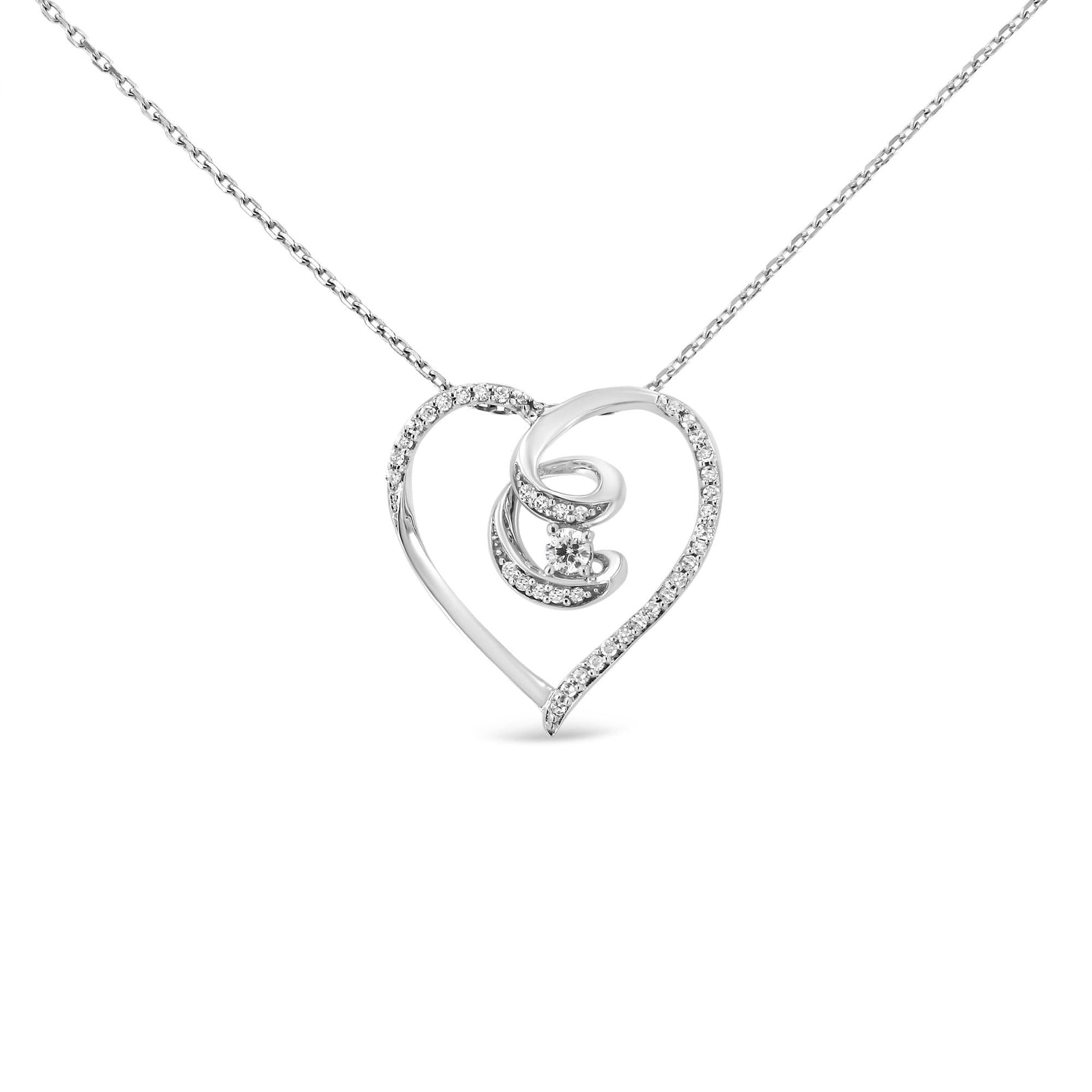 .925 Silver Diamond Heart Ribbon Pendant Necklace