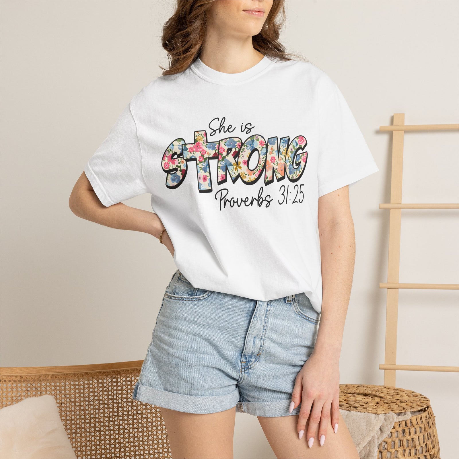 She Is Strong Floral T-Shirt — Proverbs 31:25 Inspirational Tee for Women