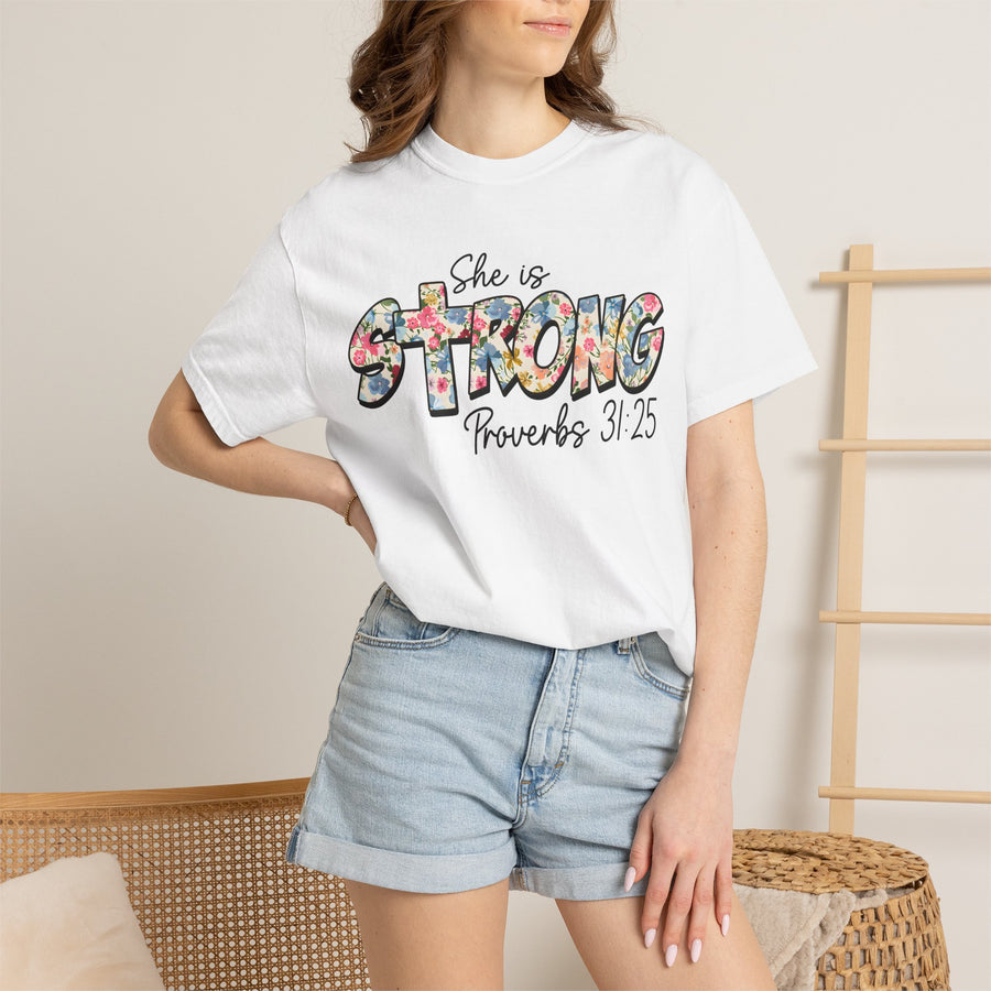 She Is Strong Floral T-Shirt — Proverbs 31:25 Inspirational Tee for Women