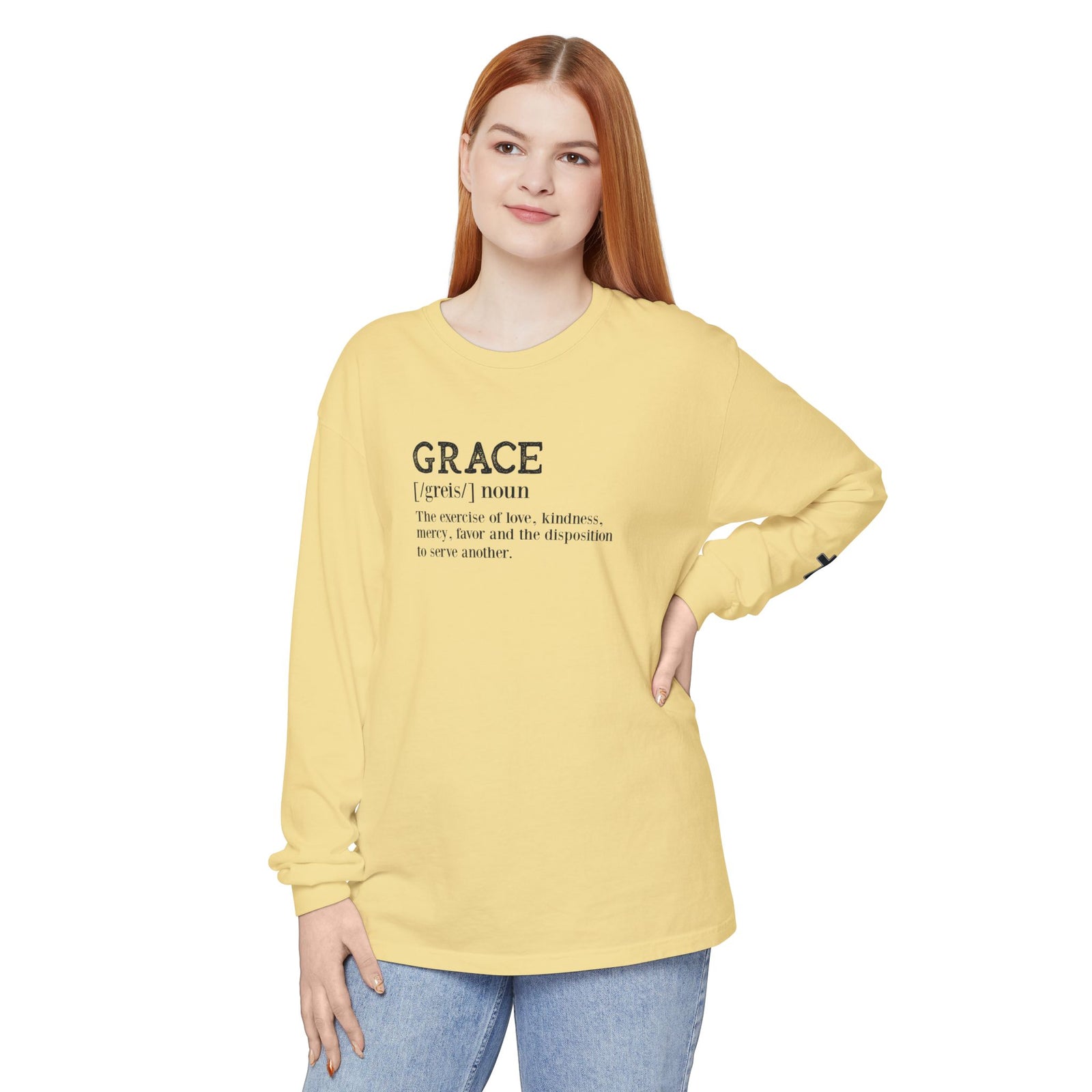 Grace Definition Long Sleeve Shirt — Christian Faith Cross Tee