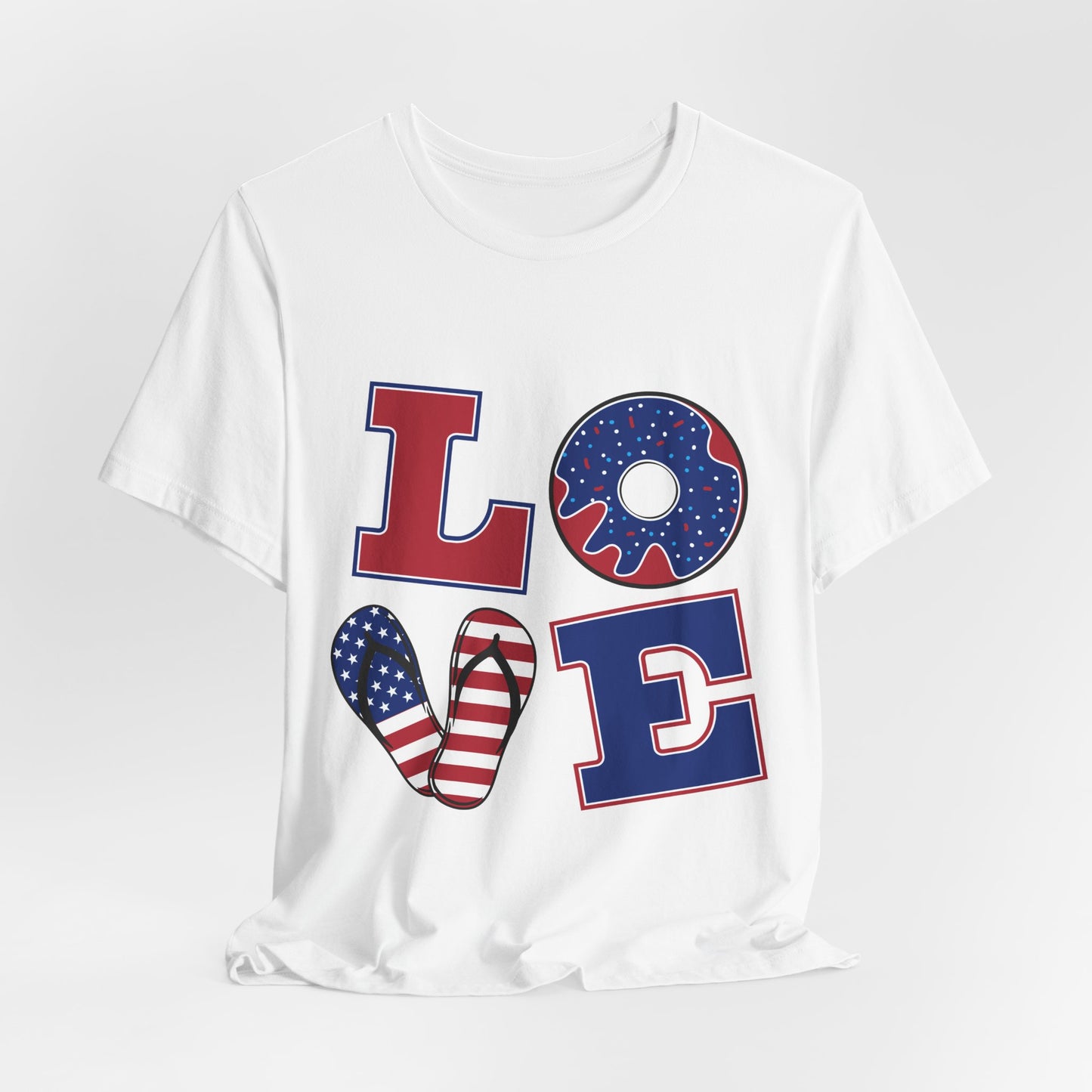 Patriotic LOVE T-Shirt — American Flag Donut & Flip-Flop Fourth of July Tee