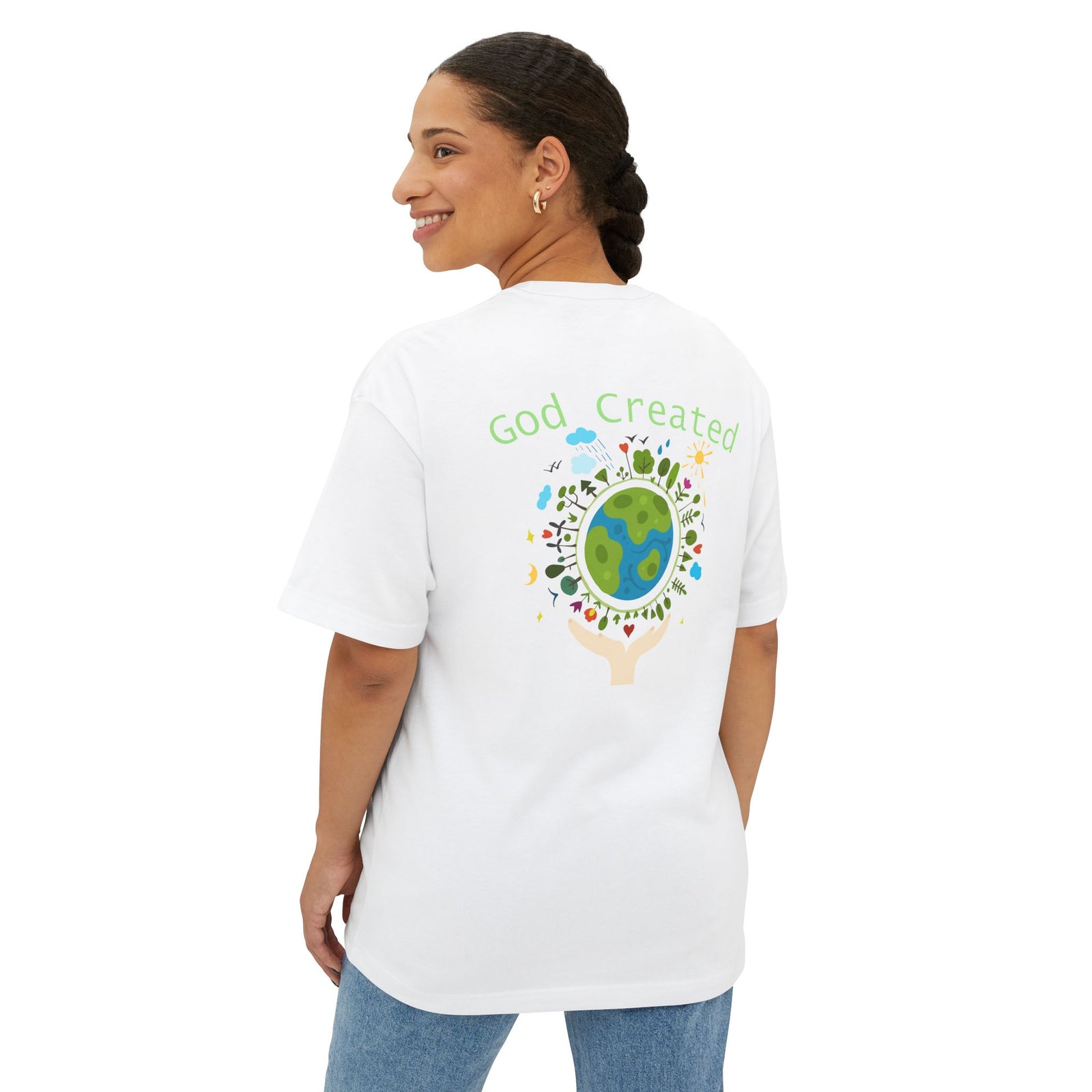 T-Shirt — "God Created" Earth Graphic Tee (Eco, Faith & Nature Love)