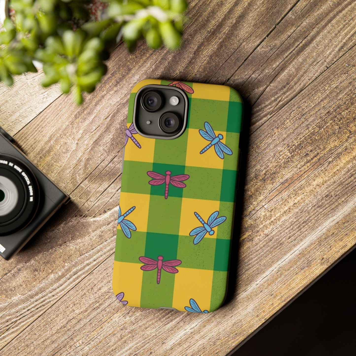 Dragonfly Check Phone Case — Colorful Plaid Protective Tough Case