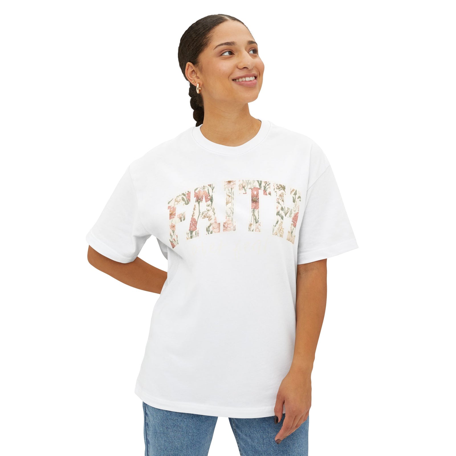 Faith Floral Boxy Tee — Oversized White Graphic T-Shirt with Floral "FAITH" Design