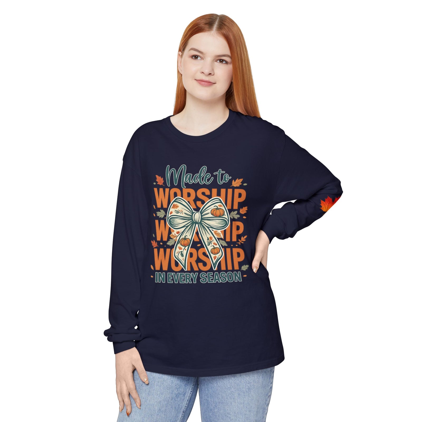 Long Sleeve Tee — "Made to Worship in Every Season" Fall Faith Shirt