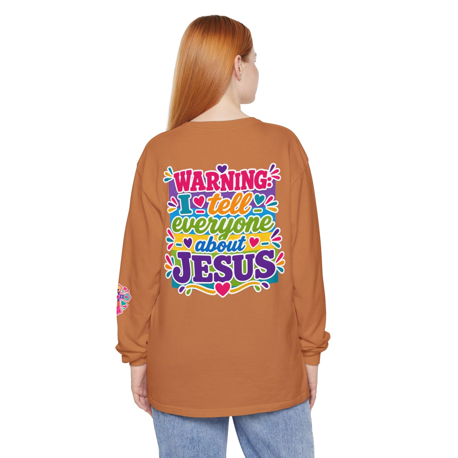 Christian Long Sleeve Tee — "Warning I Tell Everyone About Jesus" Colorful Faith Shirt