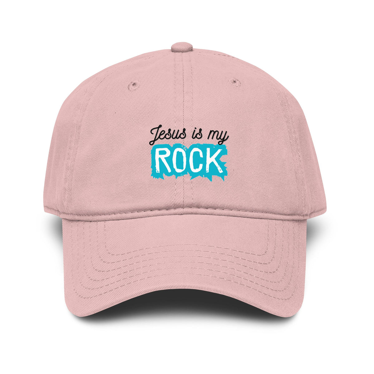Pink cap with 'Jesus is my Rock' text in black and teal