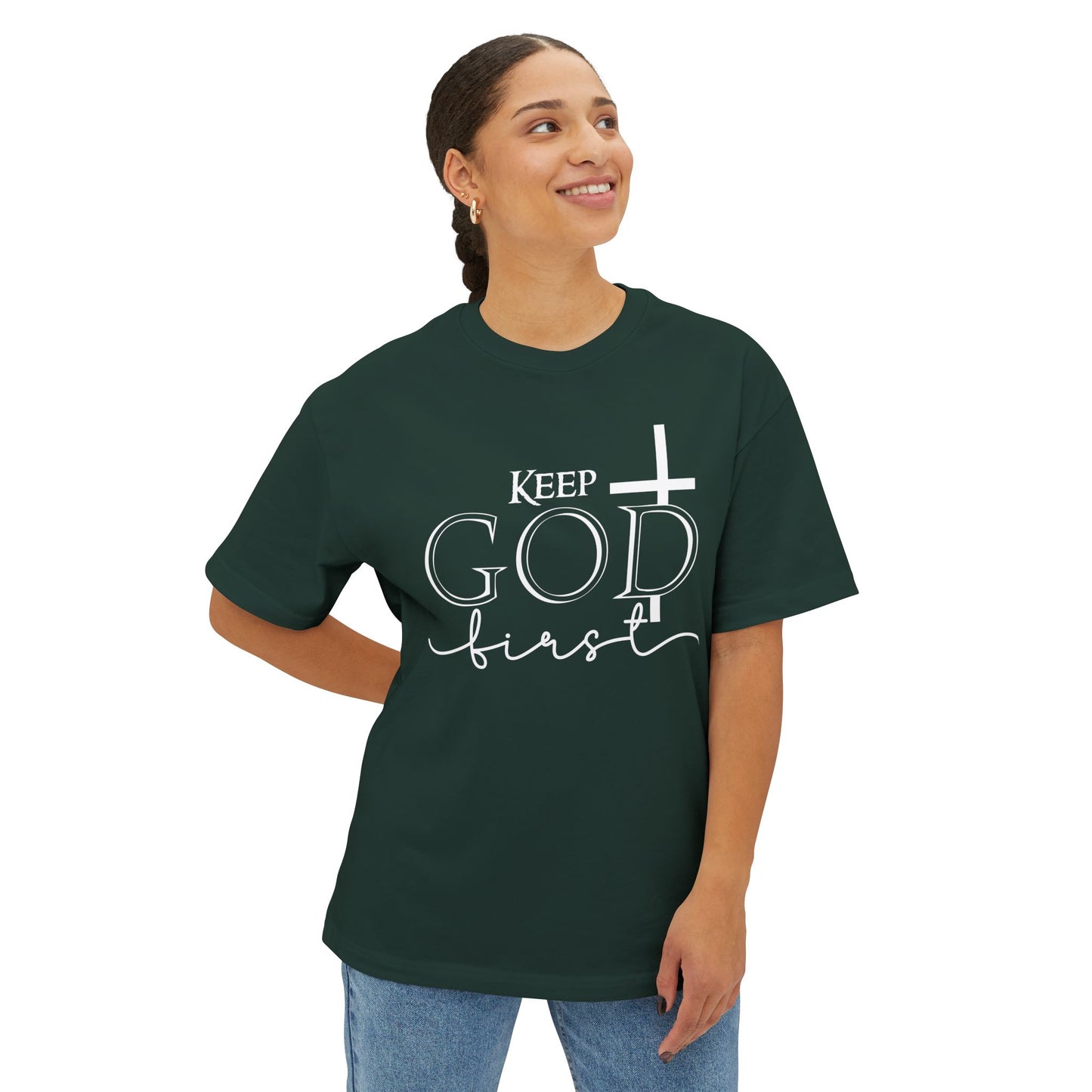 Keep God First Oversized Tee — Christian Faith Statement Shirt