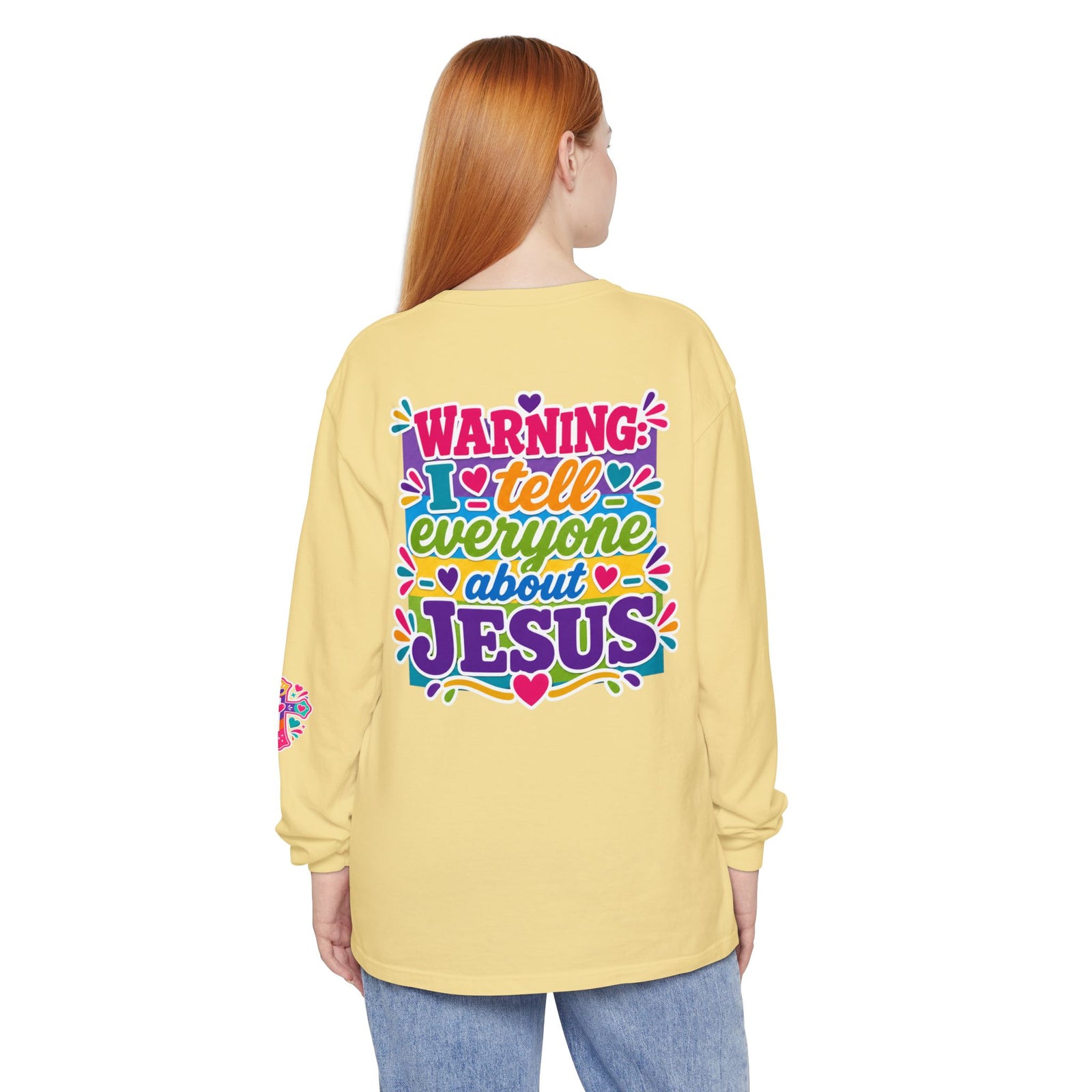 Christian Long Sleeve Tee — "Warning I Tell Everyone About Jesus" Colorful Faith Shirt