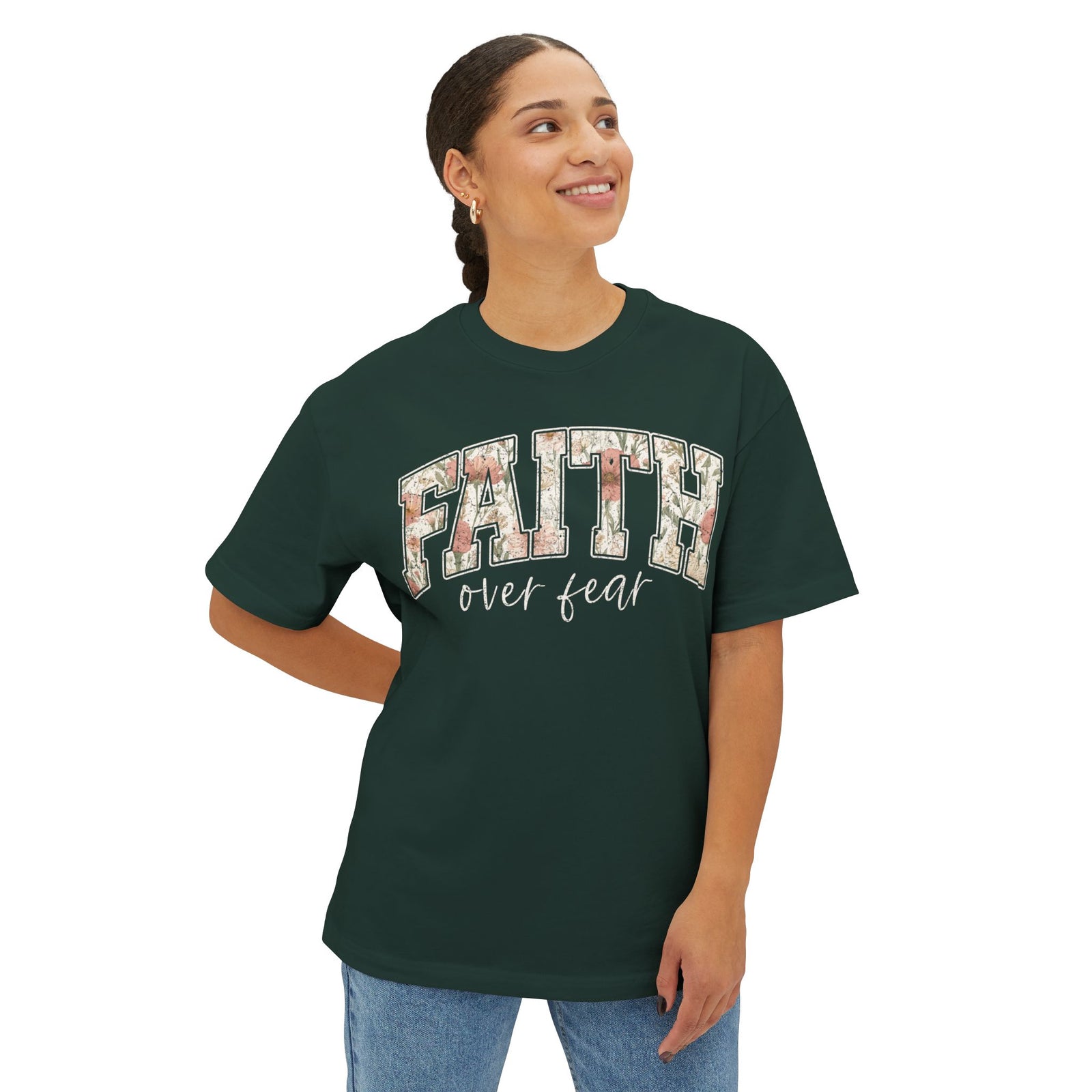 Faith Floral Boxy Tee — Oversized White Graphic T-Shirt with Floral "FAITH" Design