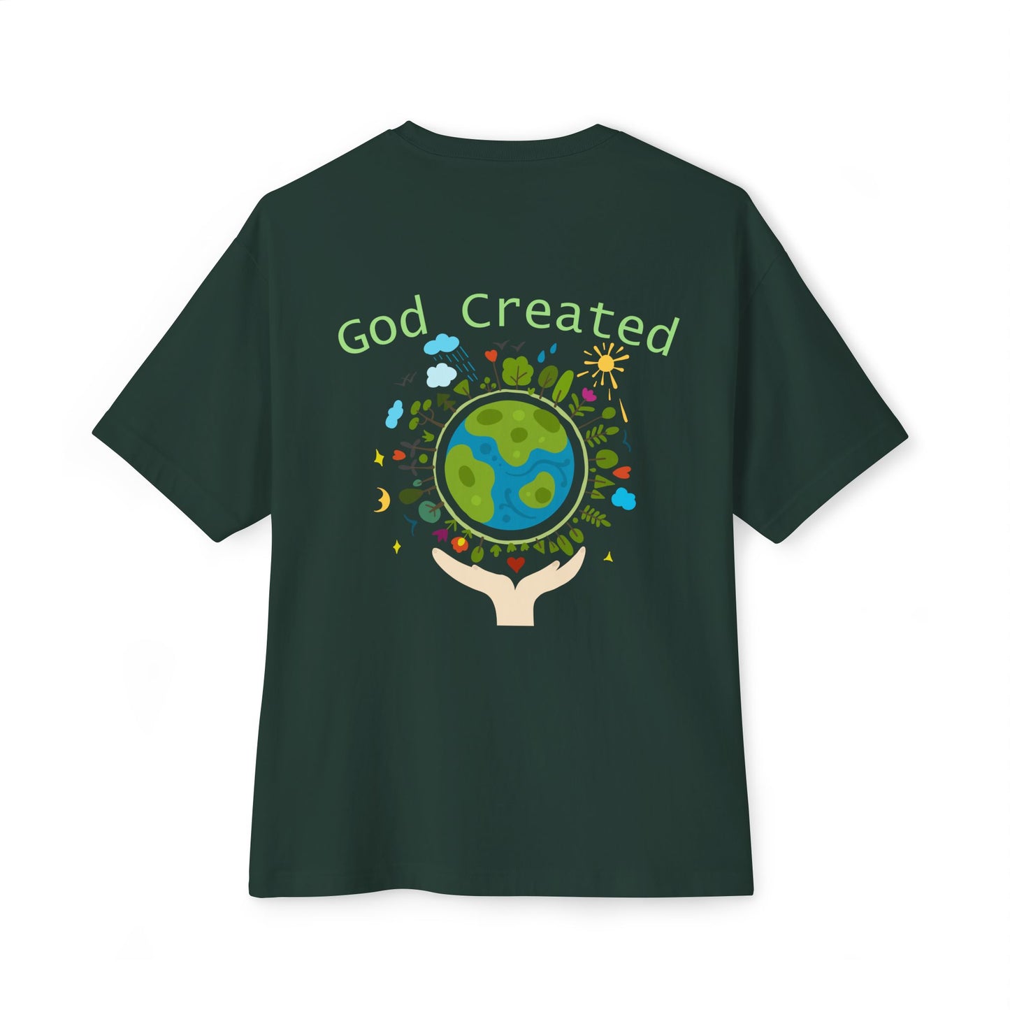 T-Shirt — "God Created" Earth Graphic Tee (Eco, Faith & Nature Love)