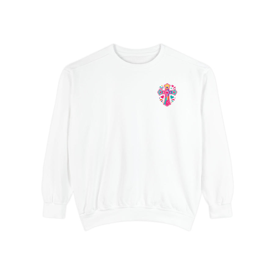 Christian Graphic Sweatshirt — “Warning I Tell Everyone About Jesus” Colorful Faith Crewneck