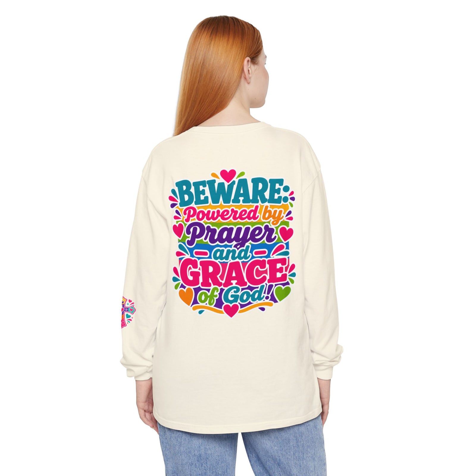 Long Sleeve Tee - "BEWARE Powered by Prayer and Grace of God" Colorful Faith Tee