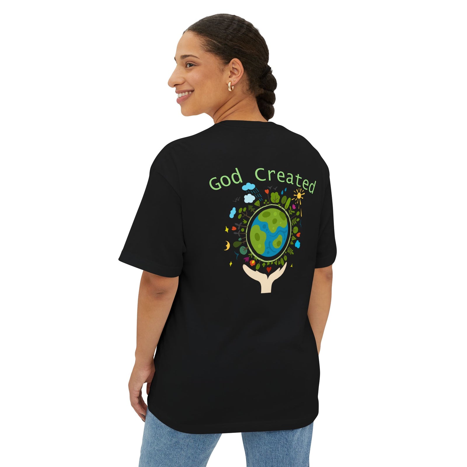 T-Shirt — "God Created" Earth Graphic Tee (Eco, Faith & Nature Love)