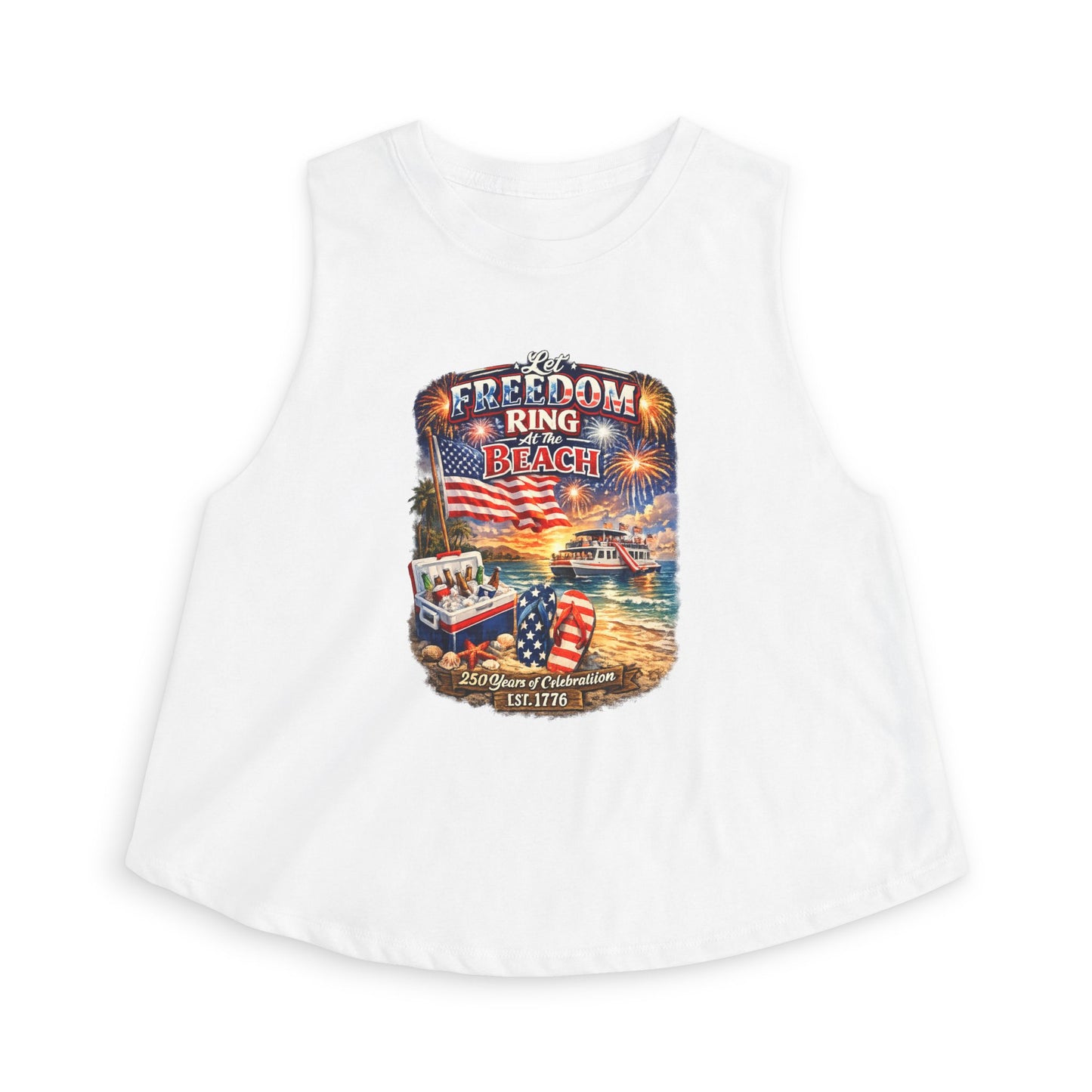 Freedom Pier Beach Graphic Crop Top — Patriotic 4th of July Tank