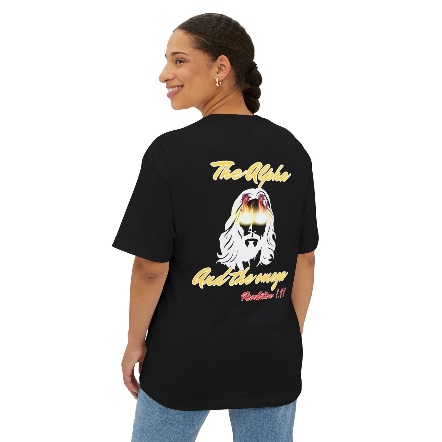 Boxy Tee — "The Alpha and the Omega" Back Graphic Christian T‑Shirt (Revelation 1:11)