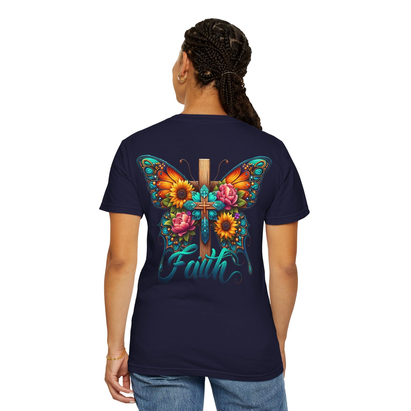 Faith Butterfly T‑Shirt — Floral Cross Design for Christian Gifts & Church Events