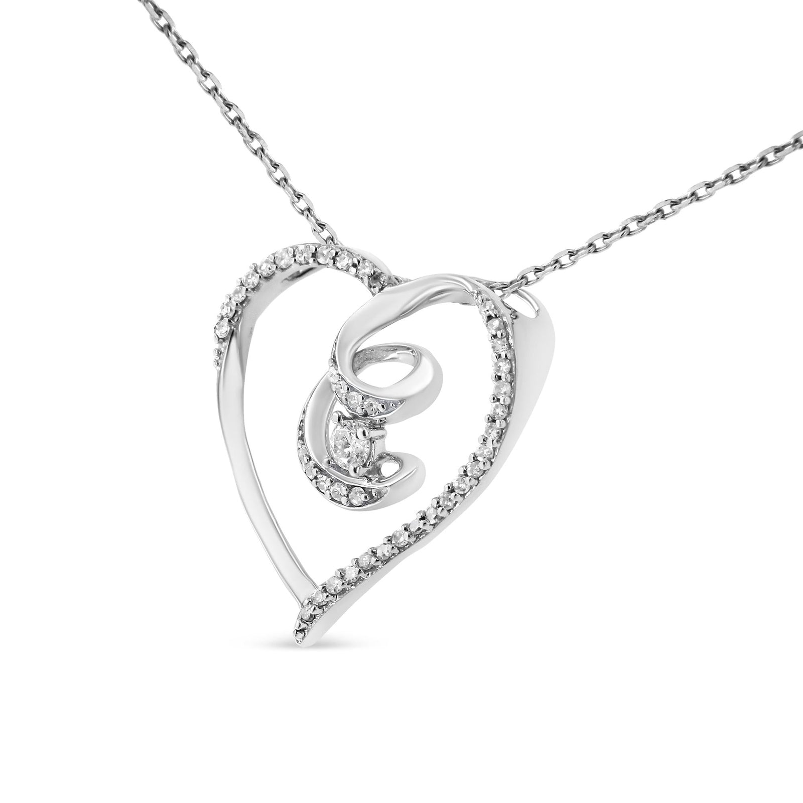.925 Silver Diamond Heart Ribbon Pendant Necklace