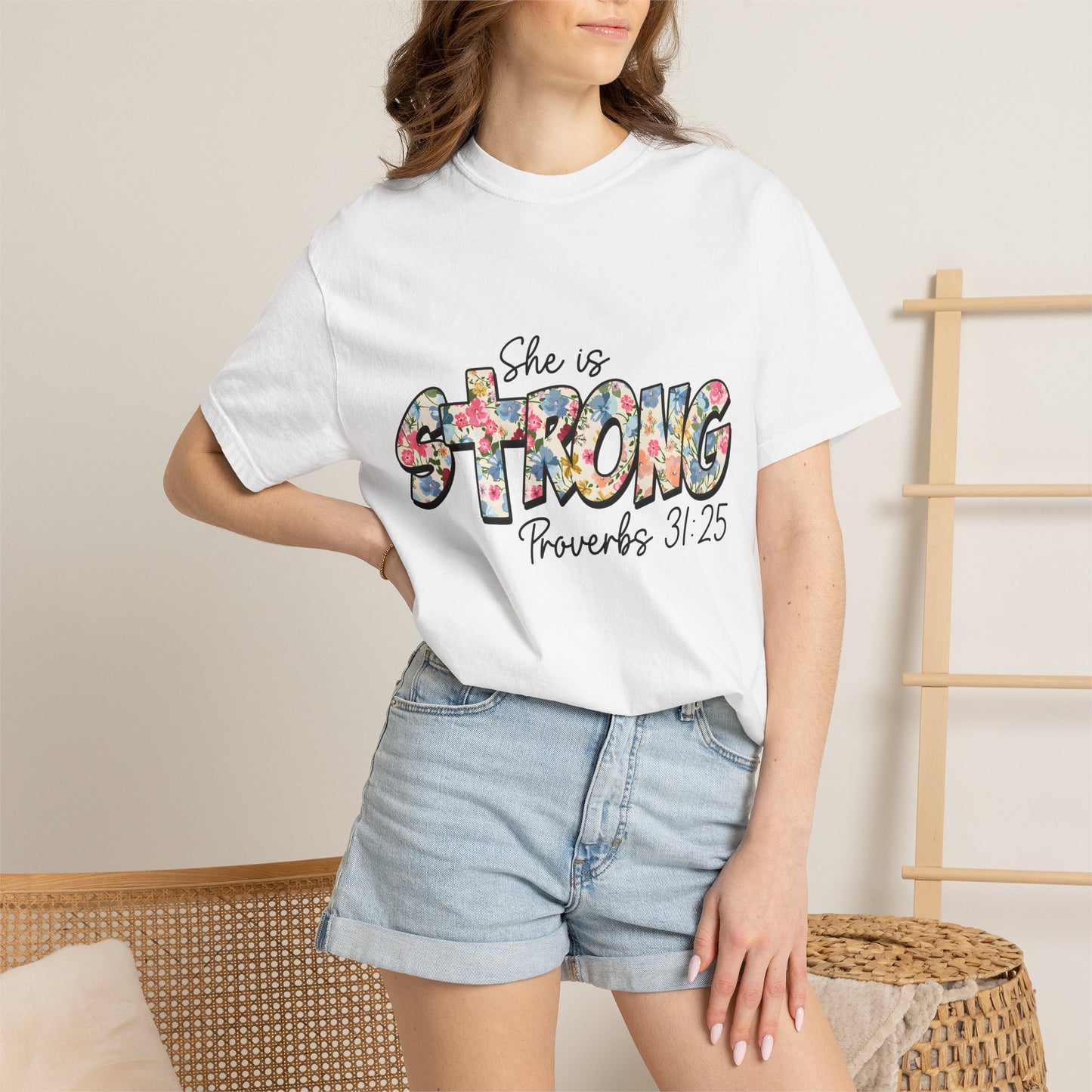 She Is Strong Floral T-Shirt — Proverbs 31:25 Inspirational Tee for Women