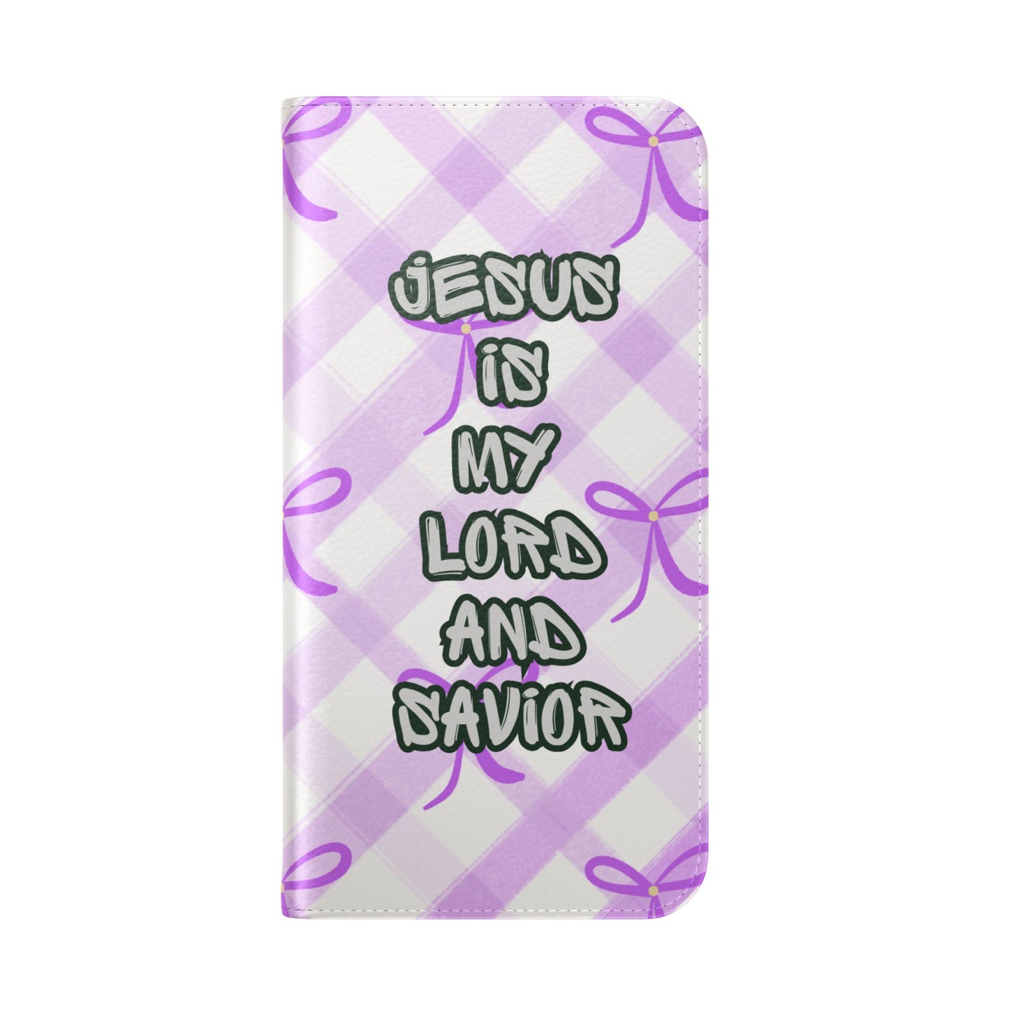Christian Flip Phone Case — "Jesus Is My Lord and Savior" Purple Bow Plaid Wallet
