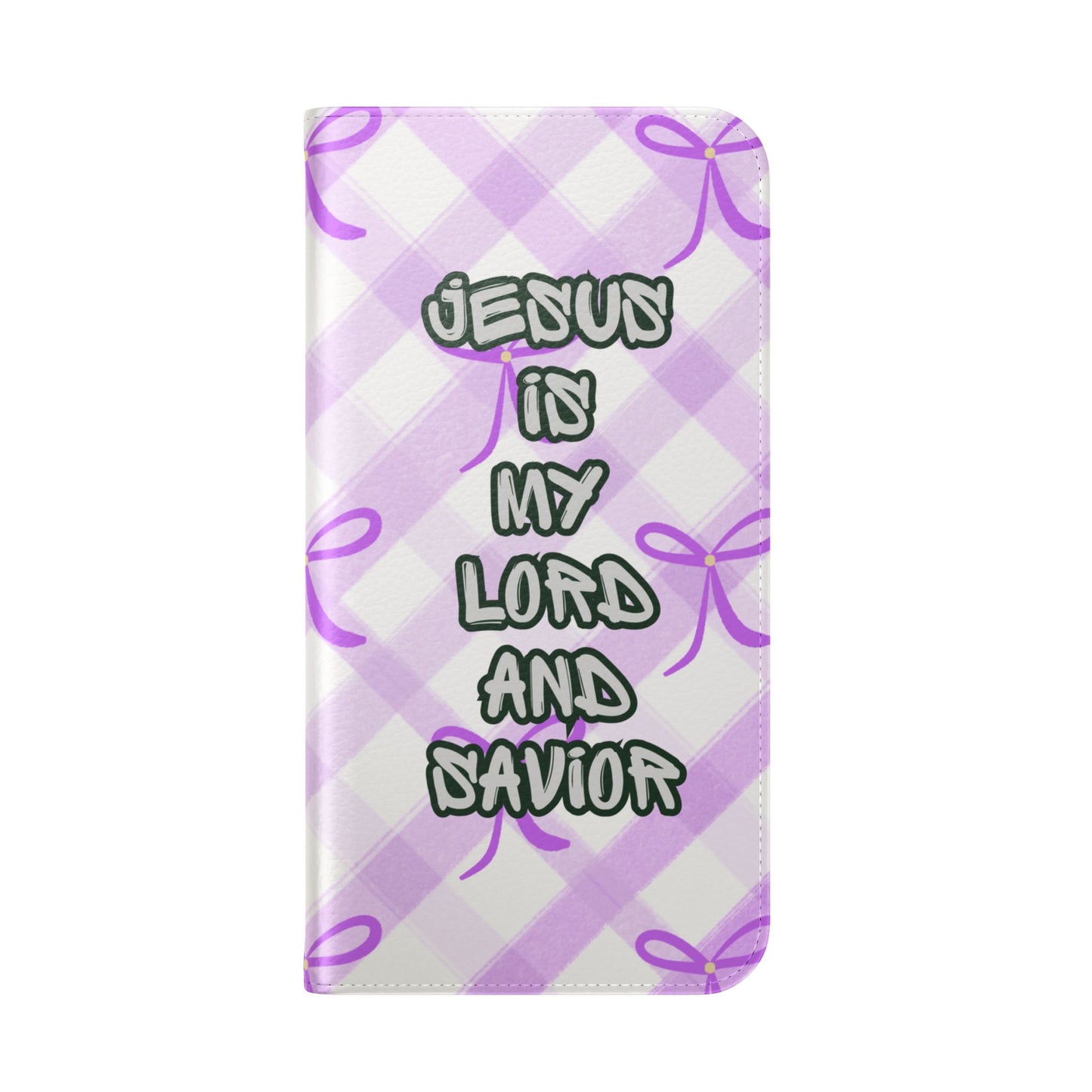 Christian Flip Phone Case — "Jesus Is My Lord and Savior" Purple Bow Plaid Wallet