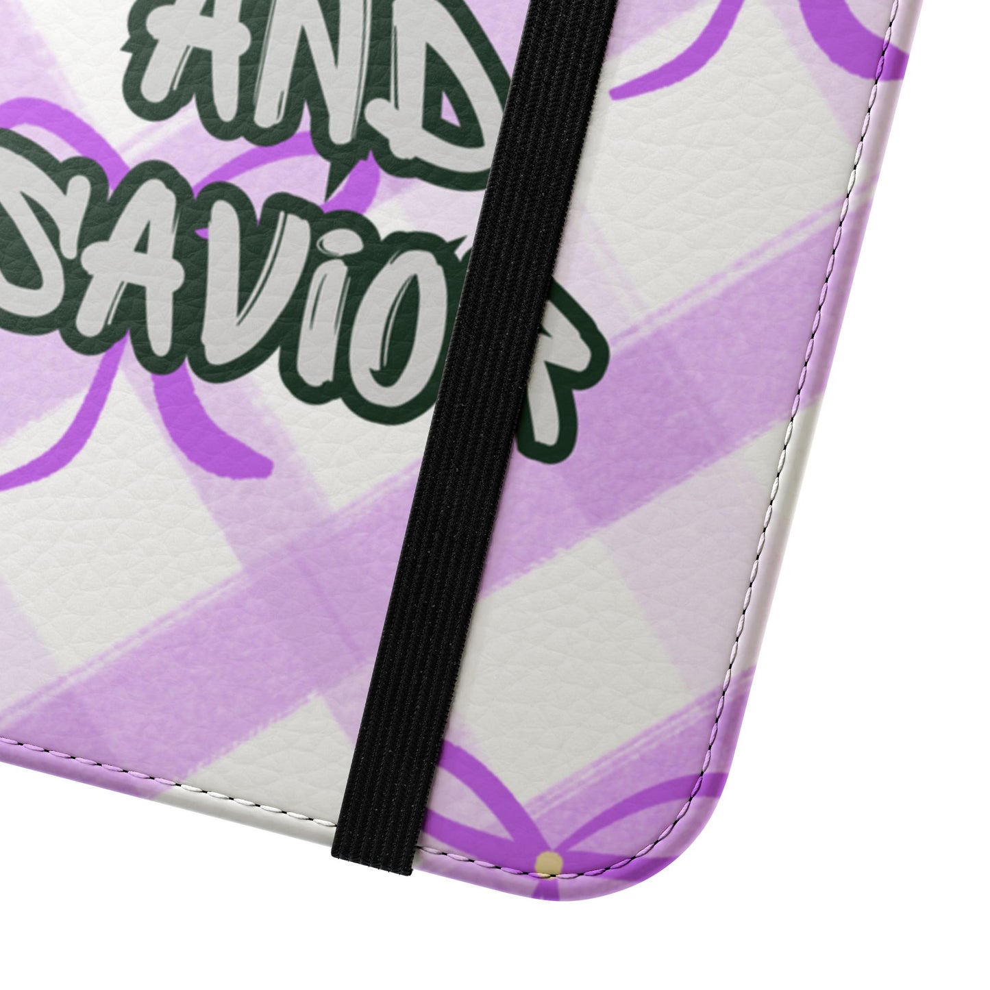 Christian Flip Phone Case — "Jesus Is My Lord and Savior" Purple Bow Plaid Wallet