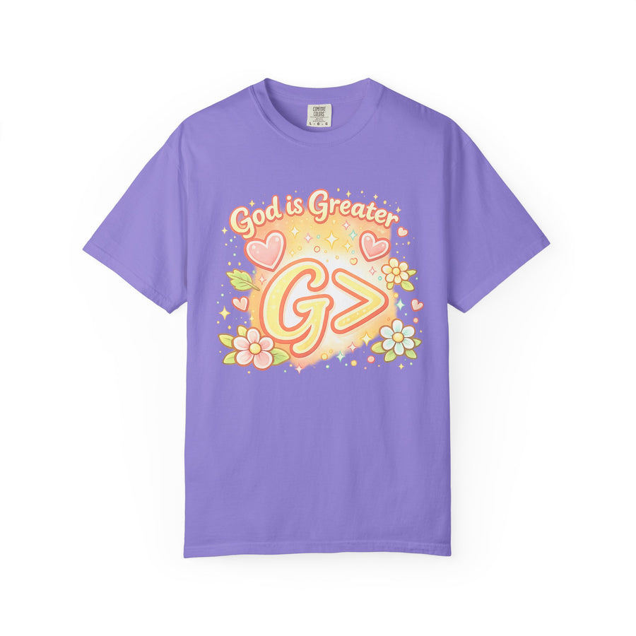 God's Greater Tee — Cute Floral Christian Graphic T-Shirt