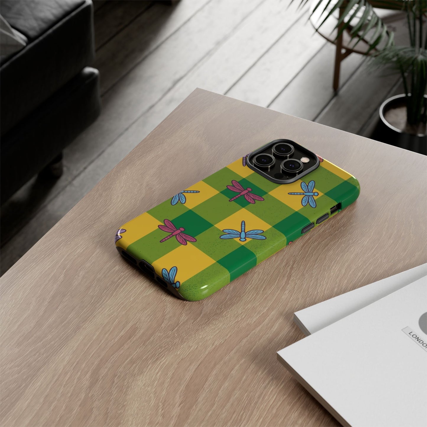 Dragonfly Check Phone Case — Colorful Plaid Protective Tough Case