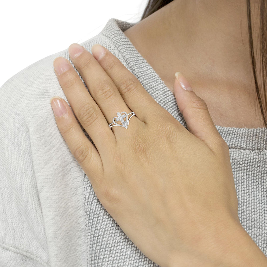 10K White Gold Diamond Heart & Cross Promise Ring