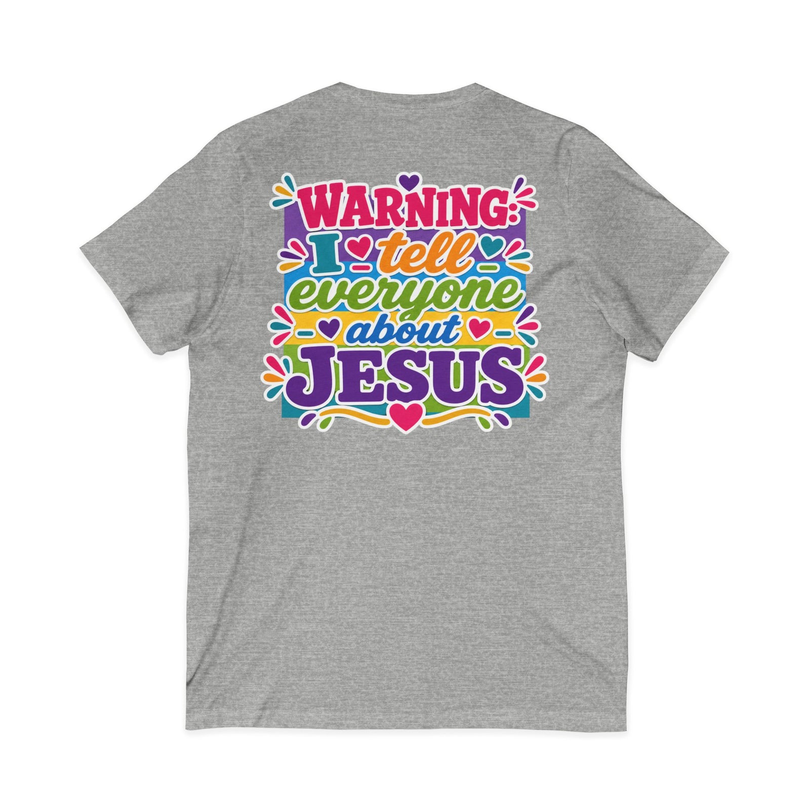 Christian V‑Neck Tee — "Warning I Tell Everyone About Jesus" Colorful Faith Shirt