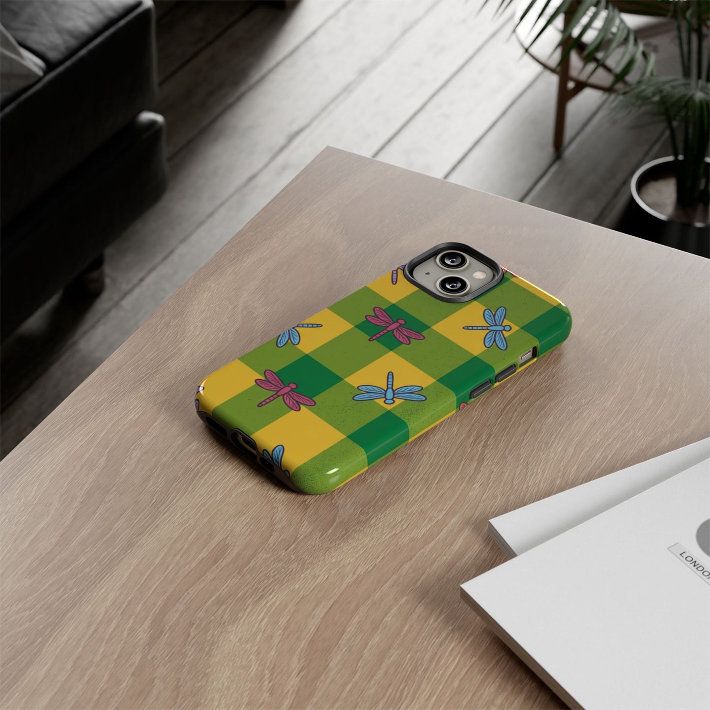Dragonfly Check Phone Case — Colorful Plaid Protective Tough Case